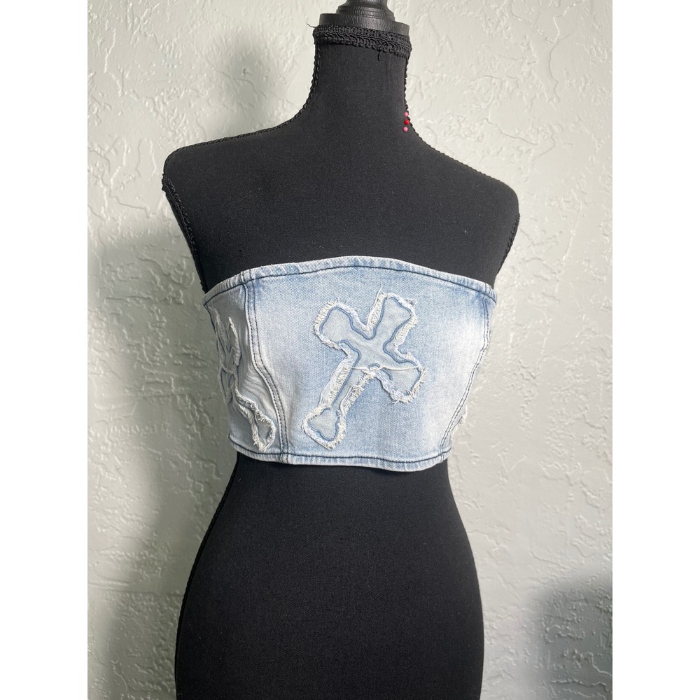 Rehab Lab NWT Denim Cross Tube Top Size S Light Wash Strapless Corset Y2K